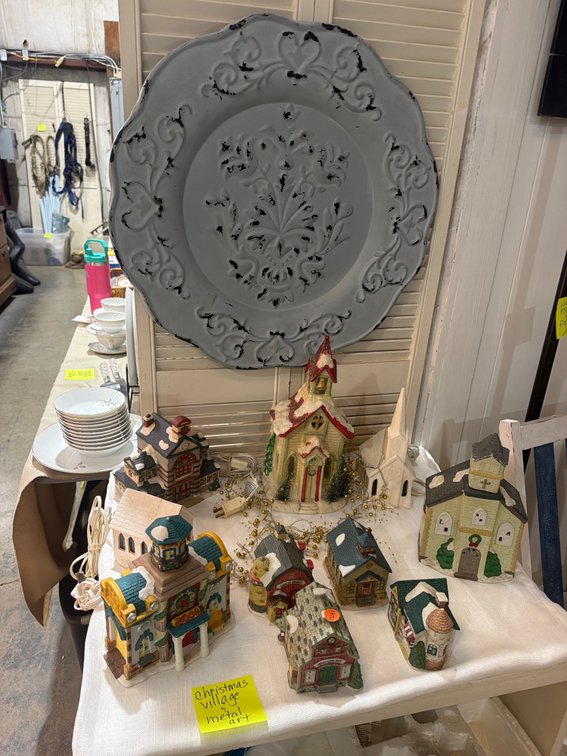 CHRISTMAS VILLAGE AND METAL WALL DECOR