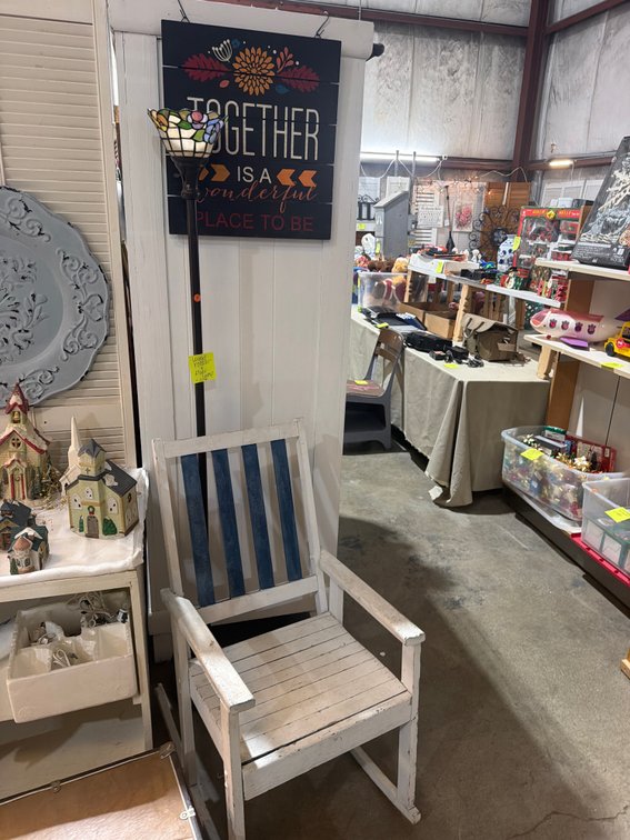 WOODEN ROCKER, FLOOR LAMP, AND SIGN