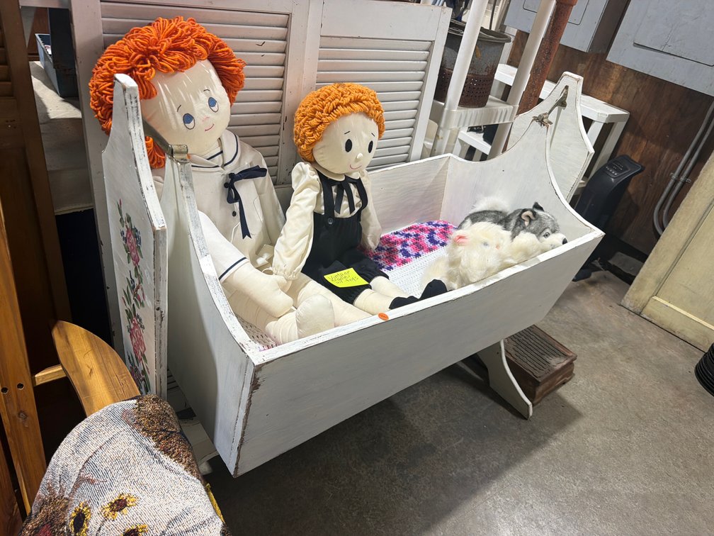 VINTAGE WOODEN CRADLE WITH TOYS