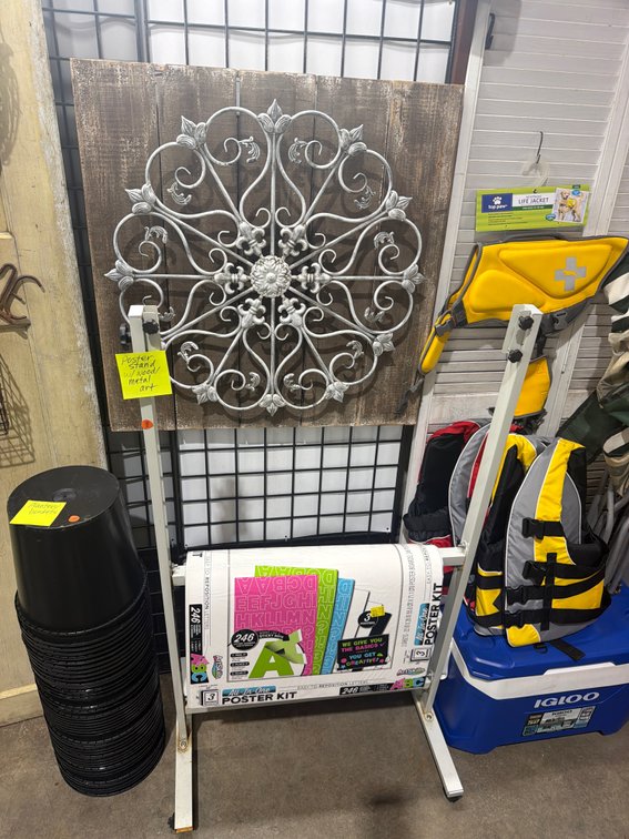 POSTER STAND WITH WOOD/ METAL SIGN