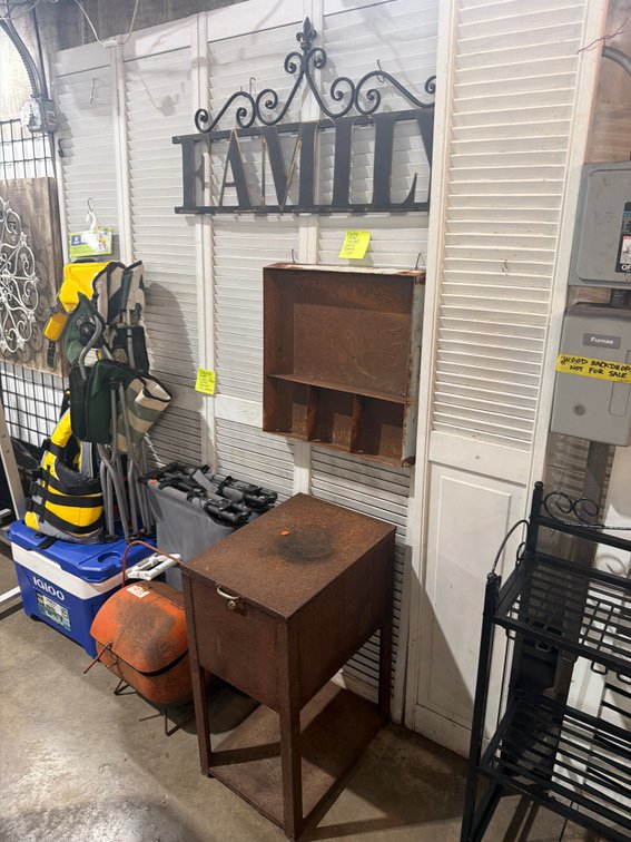 FAMILY SIGN, METAL SHELF, AND CABINET