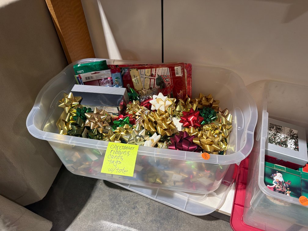 TOTE OF CHRISTMAS RIBBONS, CARDS, AND TAGS