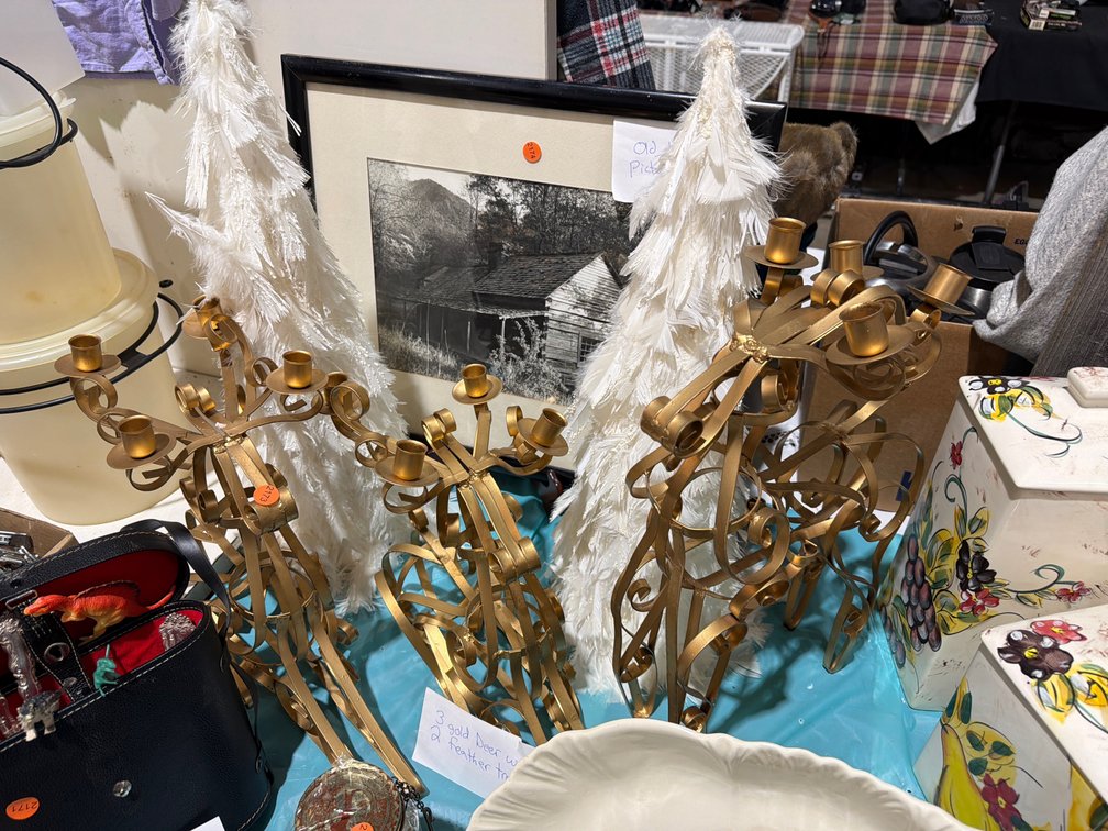 (3) GOLD DEER CANDLE HOLDERS, (2) FEATHER TREES