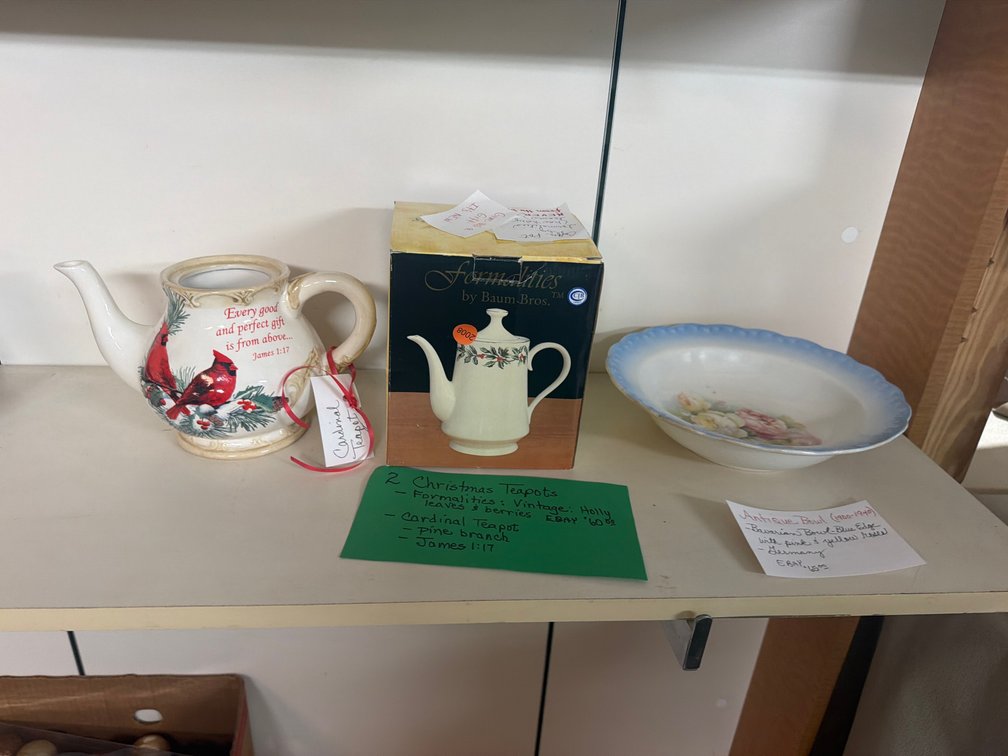 2 CHRISTMAS TEAPOTS AND ANTIQUE BOWL