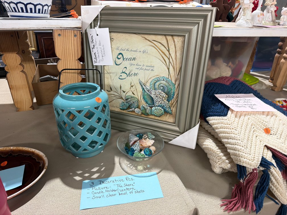 THE SHORE PICTURE, LANTERN, AND BOWL OF SHELLS
