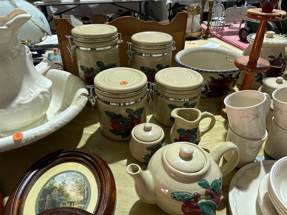 CERAMIC APPLE CANISTERS, TEAPOT, ETC.