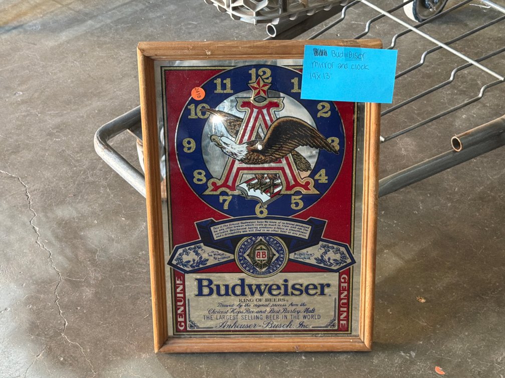 BUDWEISER MIRROR/ CLOCK 19”X13”