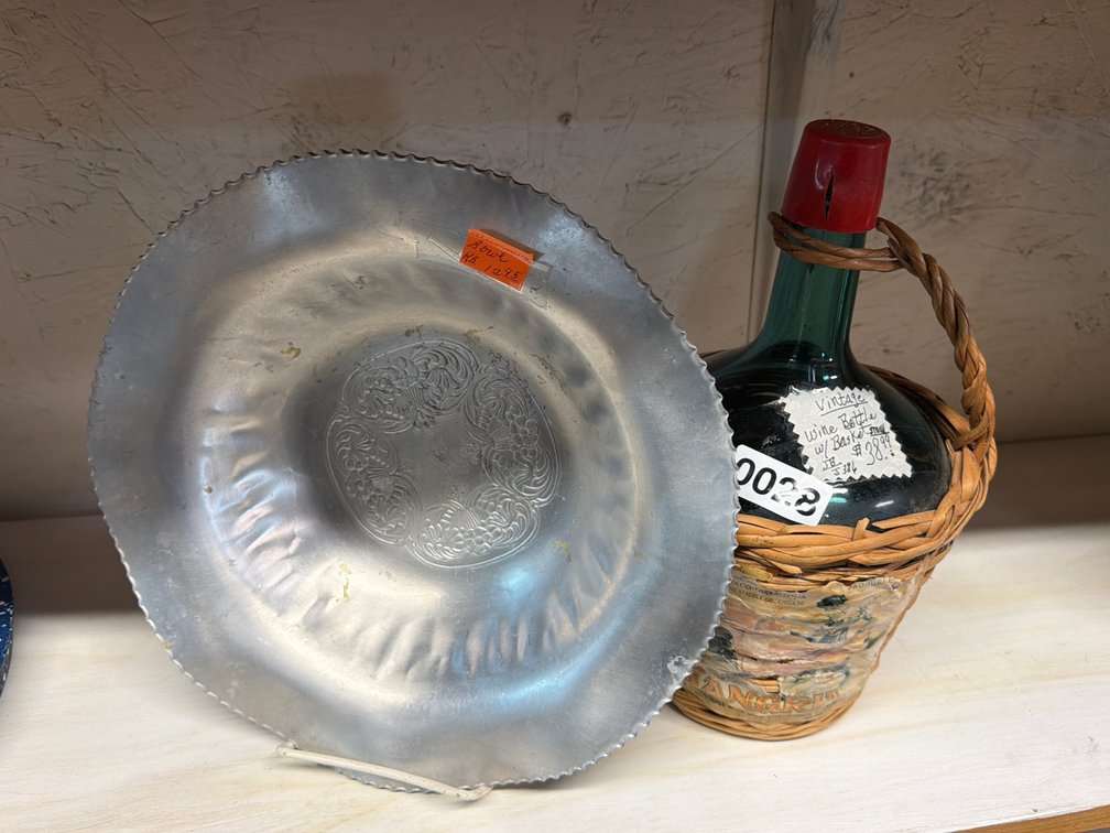 VINTAGE WINE BOTTLE W/ BASKET, BOWL