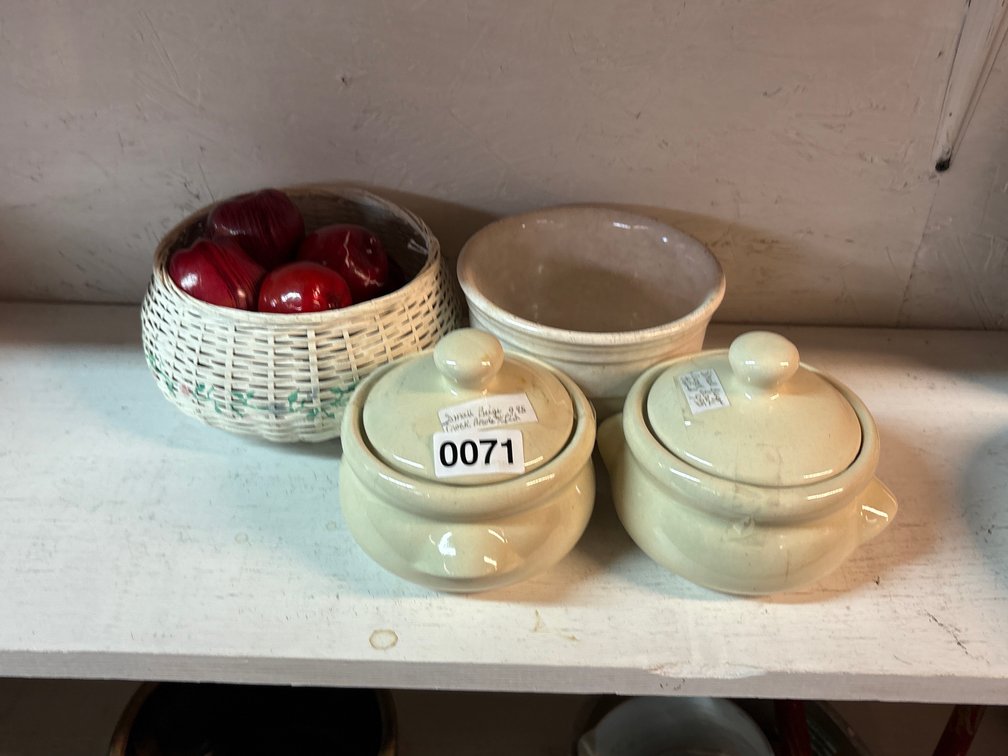 (3) SMALL CROCK BOWLS & BASKET
