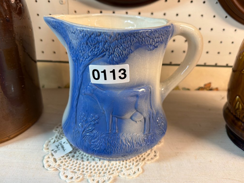 BLUE/WHITE COW PITCHER, CROCHETED DOILY