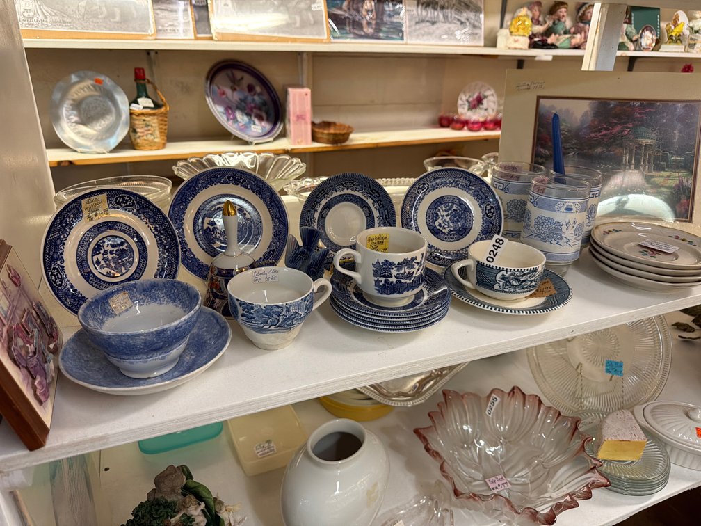 BLUE WILLOW DISHES, STONEWARE SAUCERS, PRINT, ETC.