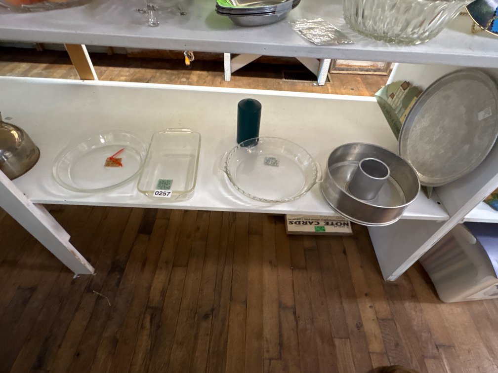 (2) FIRE KING DISHES, PYREX DISH, ETC.