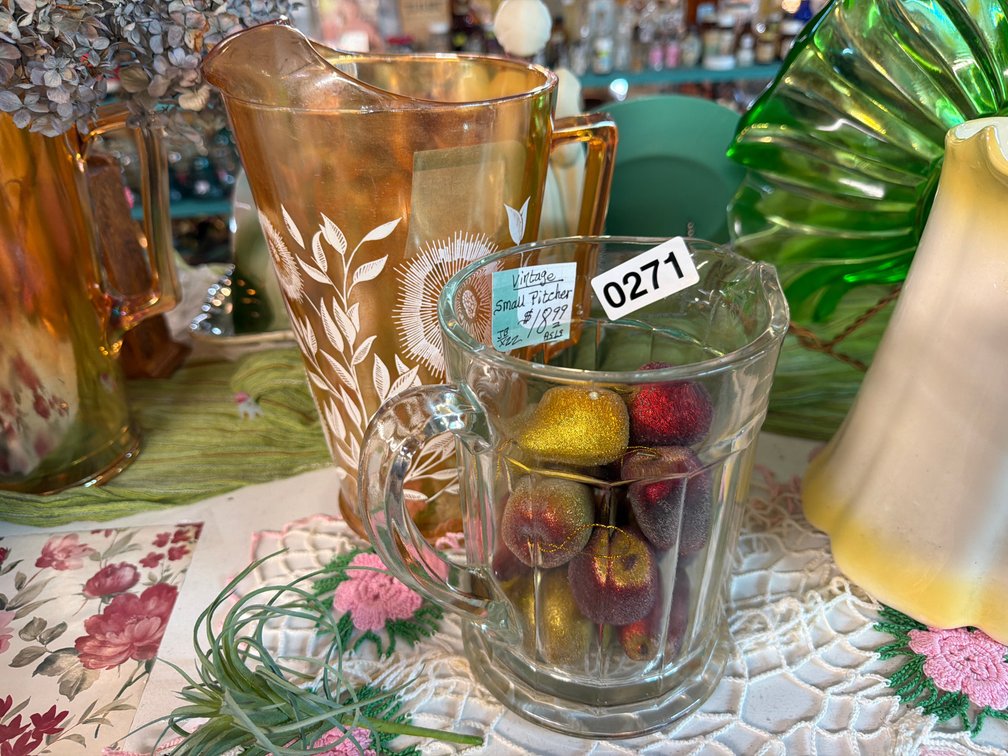 IRIDESCENT CARNIVAL GLASS PITCHER, SMALL GLASS PITCHER