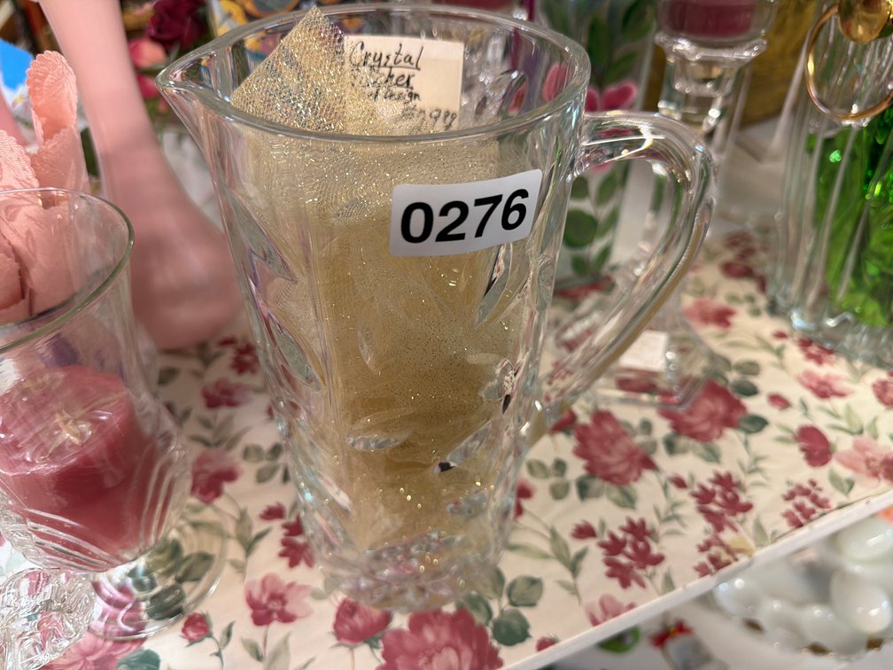 CRYSTAL PITCHER W/ LEAF DESIGN