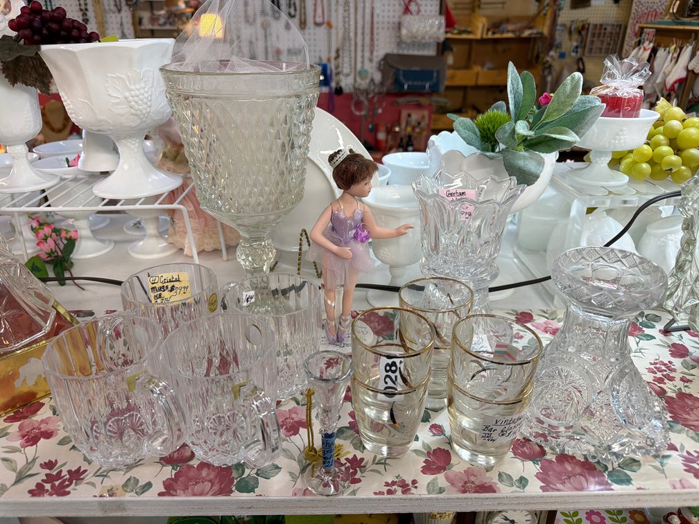 CRYSTAL MUGS, BAR GLASSES, VOTIVE, PORCELAIN BALLERINA