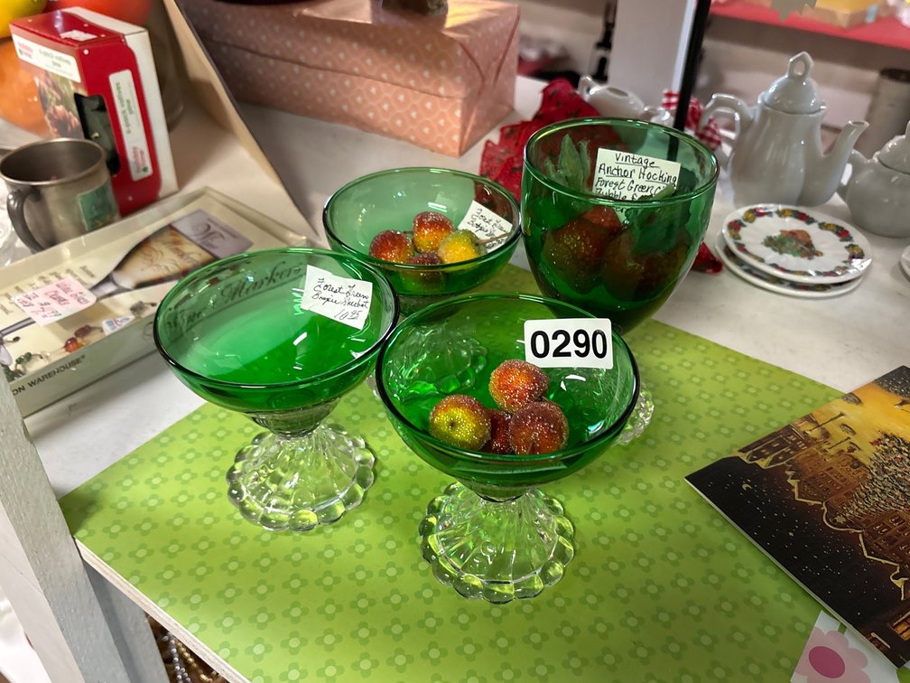 (3) GREEN SHERBET GLASSES & GREEN GLASS