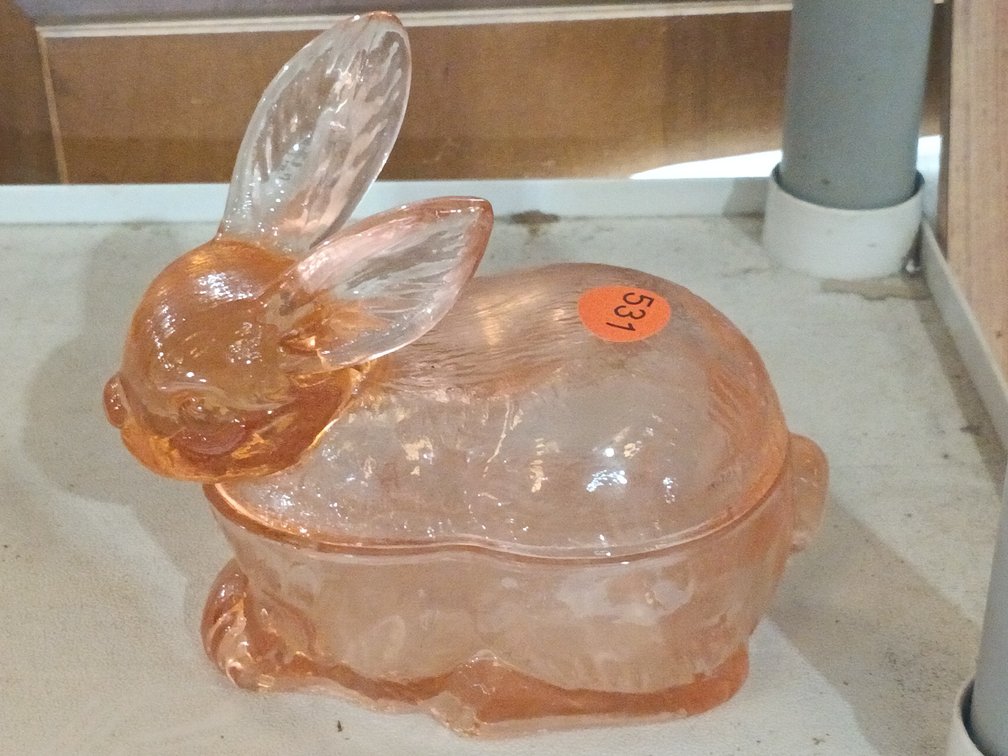 PINK DEPRESSION GLASS BUNNY DISH