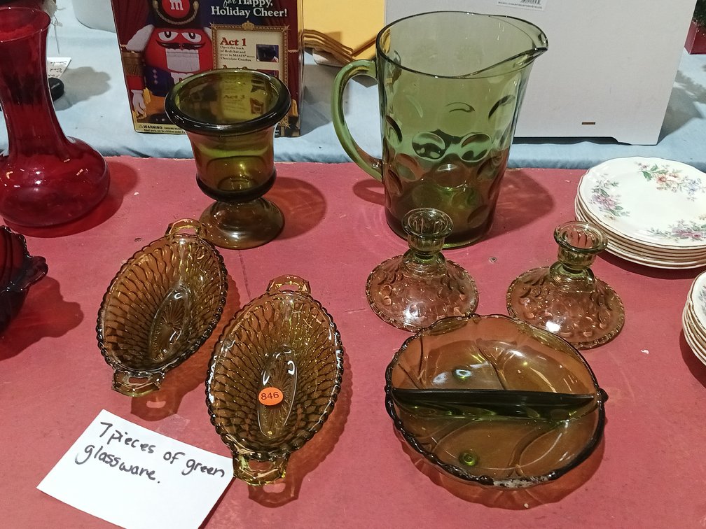 (7) PIECES GREEN GLASSWARE