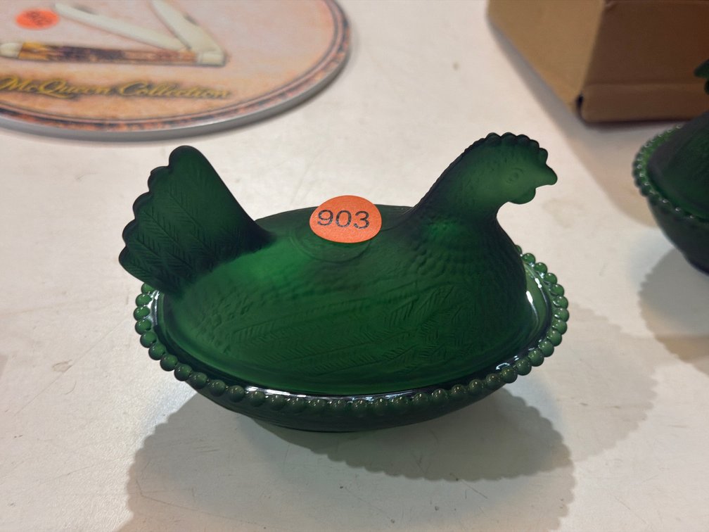 GREEN GLASS HEN ON NEST