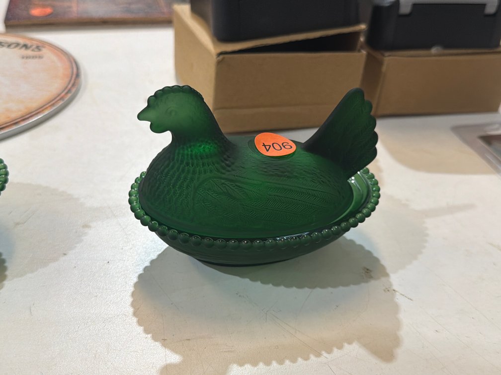 GREEN GLASS HEN ON NEST