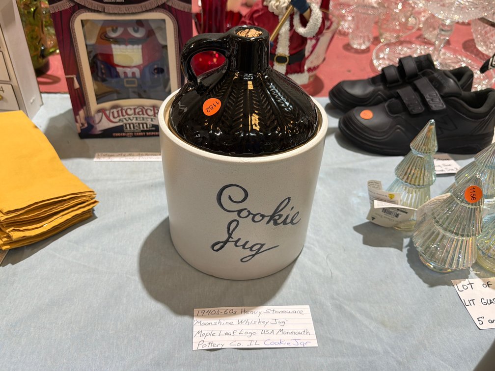 1940’S-60’S HEAVY STONEWARE “MOONSHINE WHISKEY JUG” MAPLE LEAF LOGO USA MONMOUTH POTTERY CO. IL COOKIE JAR