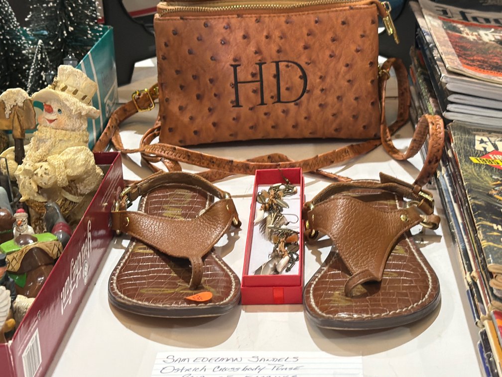 PURSE, SANDALS , & PAIR OF EARRINGS