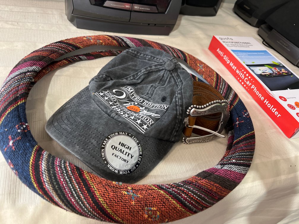 STEERING WHEEL COVER, BELT, AND CAP