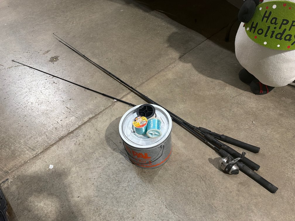 3 ZEBCO FISHING POLES WITH MINNOW BUCKET AND FISHING LINE