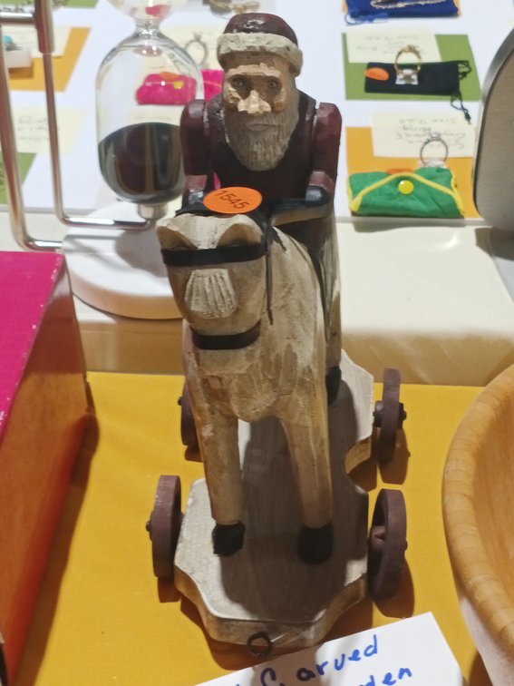 HAND CARVED PAINTED WOODEN FOLK ART SANTA CLAUS ON HORSE