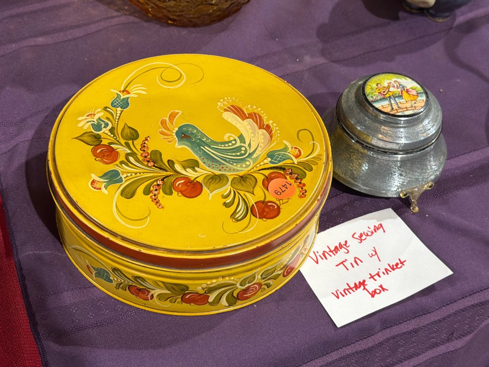 VINTAGE SEWING TIN W/ VINTAGE TRINKET BOX