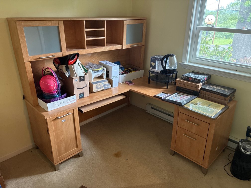 Wooden L-Shaped Desk and Overshelf