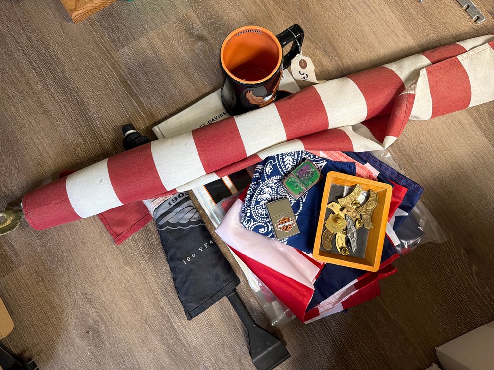 Harley Davidson Pins & Coffee Cup, American Flags