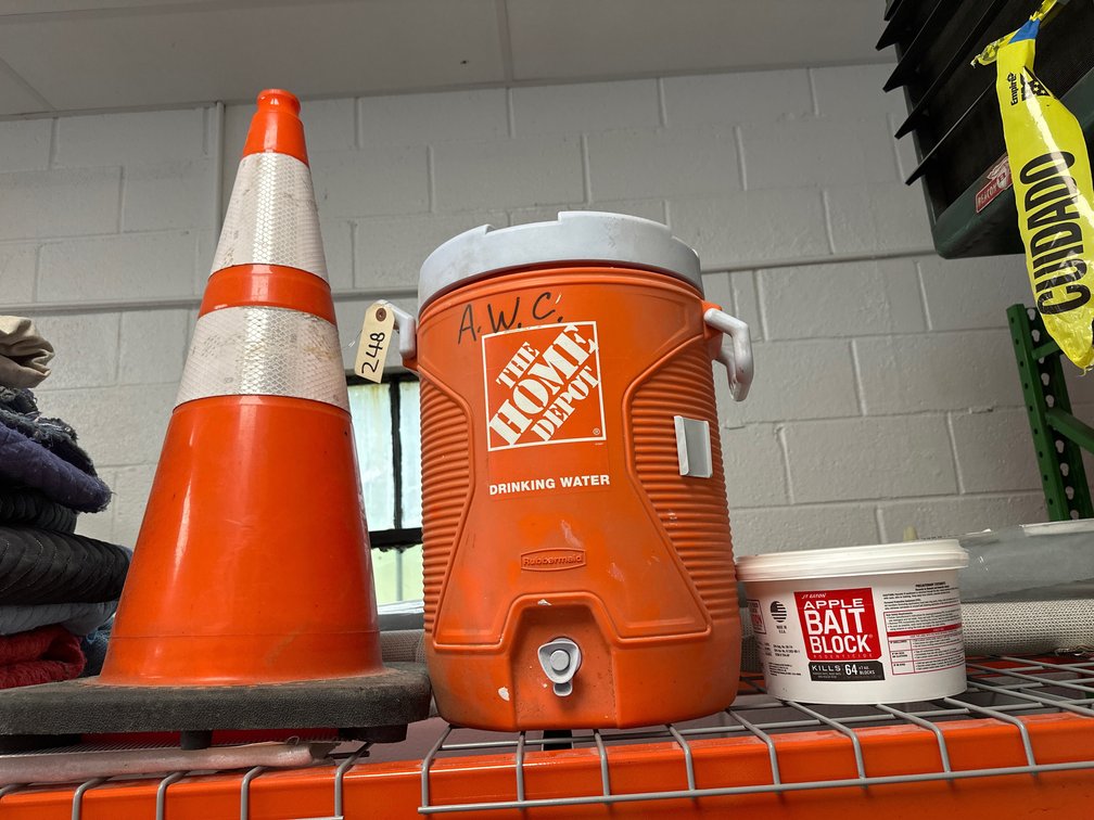 Rubbermaid Jobsite Water Cooler, Mouse Killer Blocks & Safety Cone