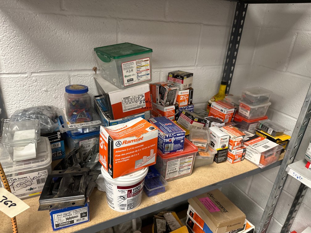 Shelf Of Assorted Brads, Anchors, Nails & Fasteners