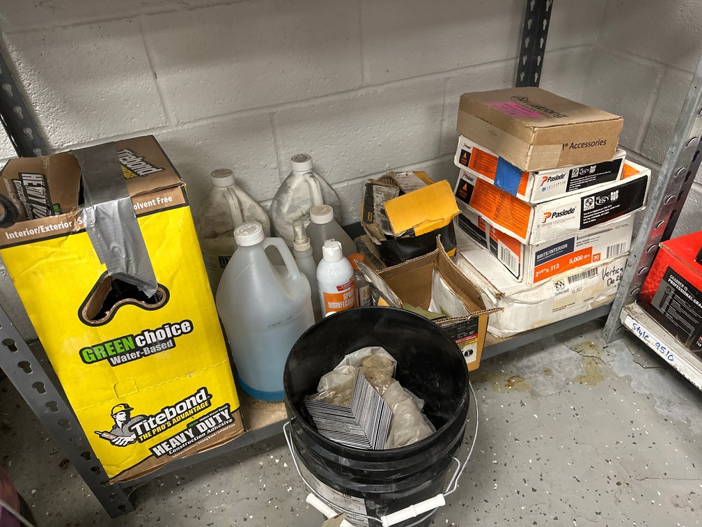 Assorted Paslode Parts, Disinfectant, Nails & Related Supplies