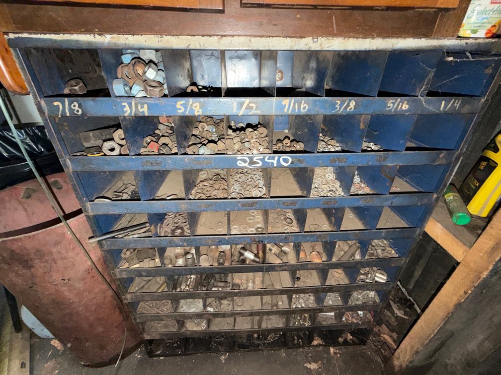 Metal Cabinet With Nuts, Washers, Pipe Nipples