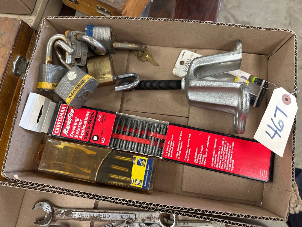 Box Of Assorted Padlocks & Hand Tools