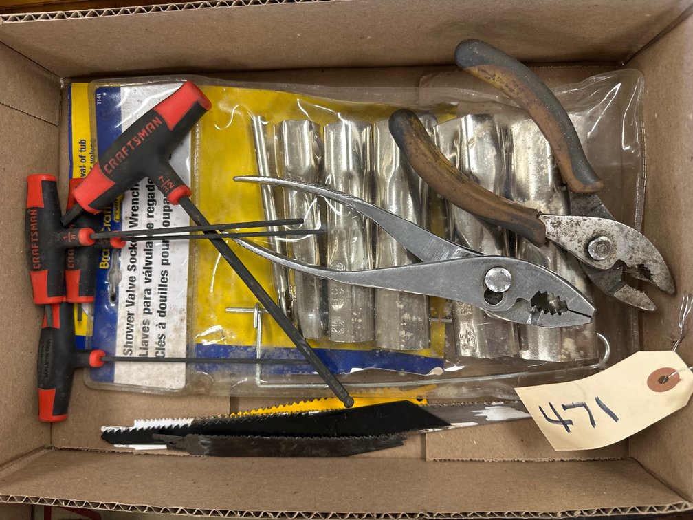Box Of Assorted Reciprocating Saw Blades & Hand Tools