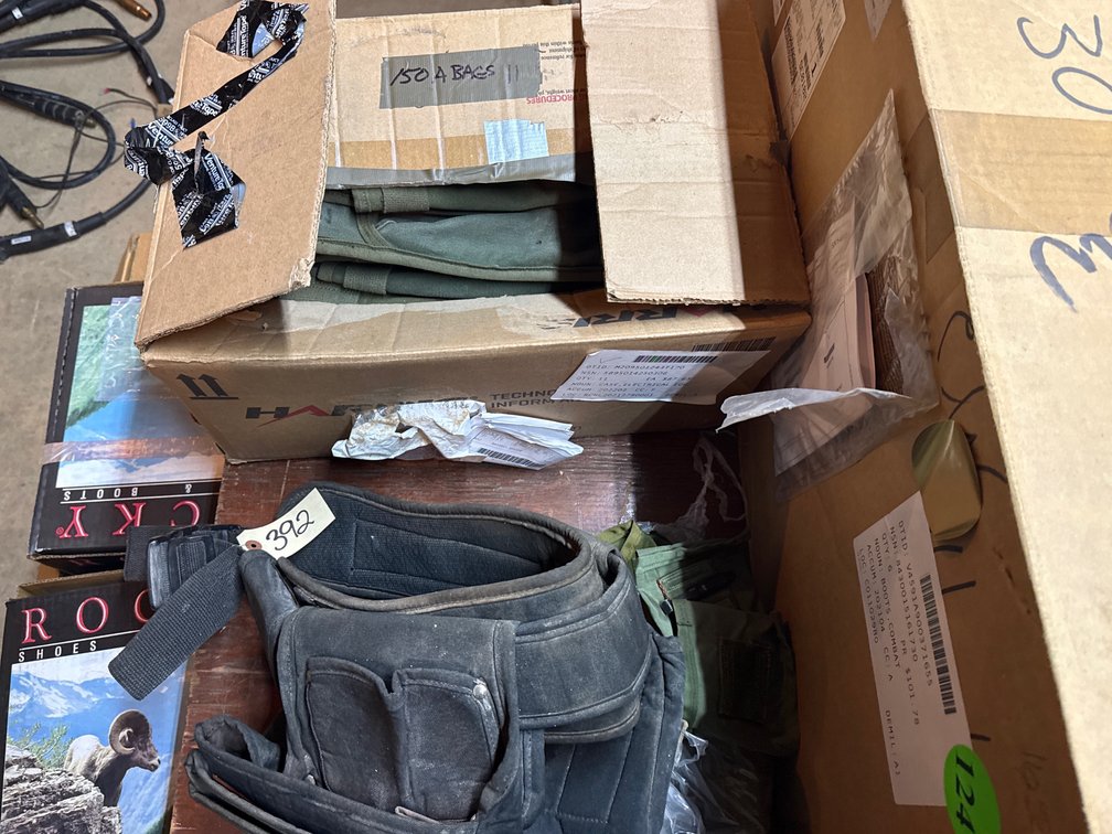 Box Of Military CW Antenna And Accessory Bags, Tool Belt, And Military First Aid/Compass Pouch