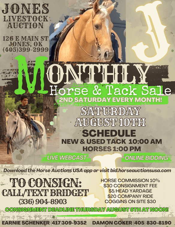 Image for Jones Livestock Auction MONTHLY HORSE & TACK SALE!   Saturday, August 10th!