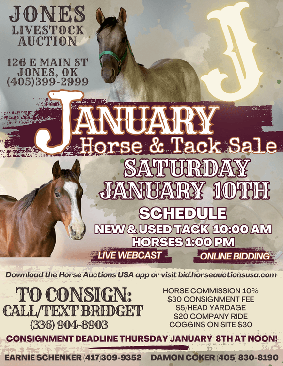 Image for Jones Livestock Auction HORSE & TACK SALE!   SATURDAY, JANUARY 10TH