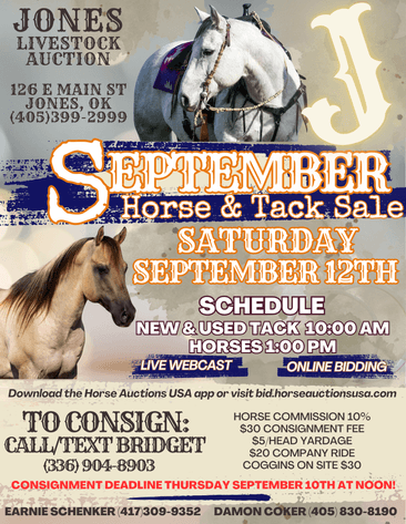 Image for Jones Livestock Auction HORSE & TACK SALE!   SATURDAY, SEPTEMBER 12TH