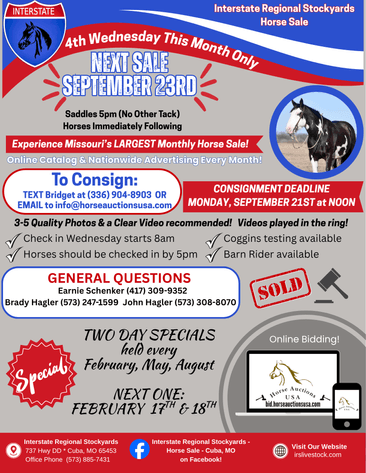 Image for Interstate Regional Stockyards Horse Sale - Cuba, Missouri WEDNESDAY SEPTEMBER 23RD