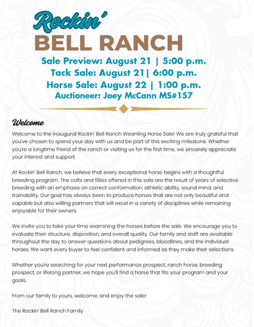 Image for Rockin' Bell Ranch 2026 Colt Sale Forest, MS August 22nd