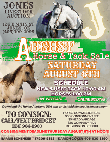 Image for Jones Livestock Auction HORSE & TACK SALE!   SATURDAY, AUGUST 8TH
