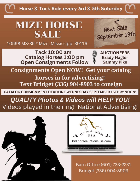 Image for Mize Horse Sale - SATURDAY, SEPTEMBER 19TH - Mize, Mississippi