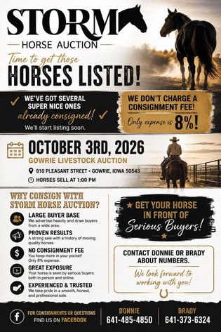 Image for Storm Horse Auction SATURDAY, October 3rd - Gowrie, Iowa
