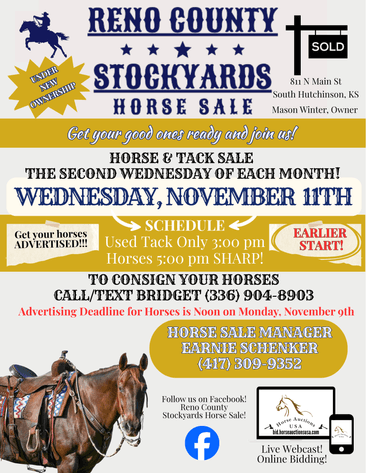 Image for Reno County Stockyards Horse Sale WEDNESDAY, NOVEMBER 11TH - South Hutchinson, KS