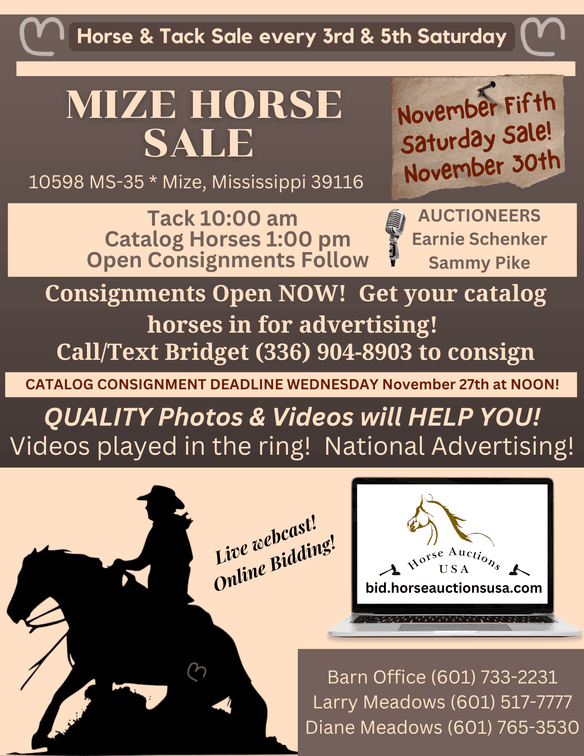 Image for Mize Horse Sale  SATURDAY NOVEMBER 30TH - Mize, Mississippi