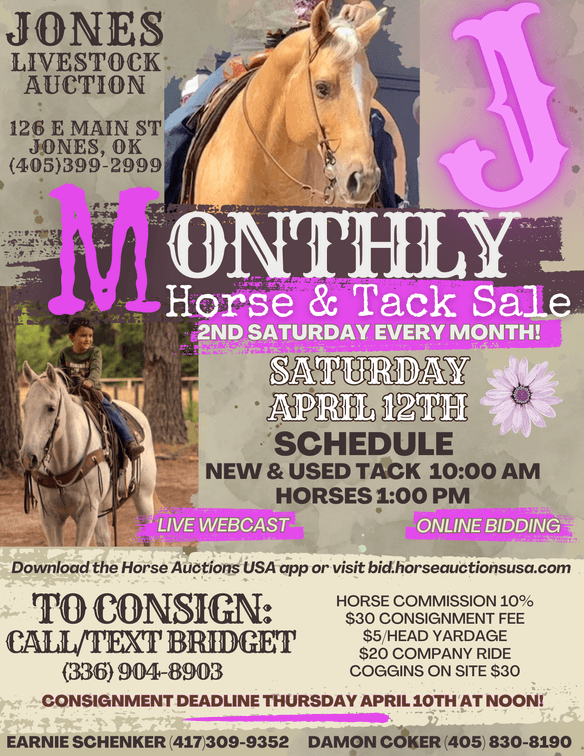 Image for Jones Livestock Auction MONTHLY HORSE & TACK SALE!   SATURDAY, APRIL 12TH!